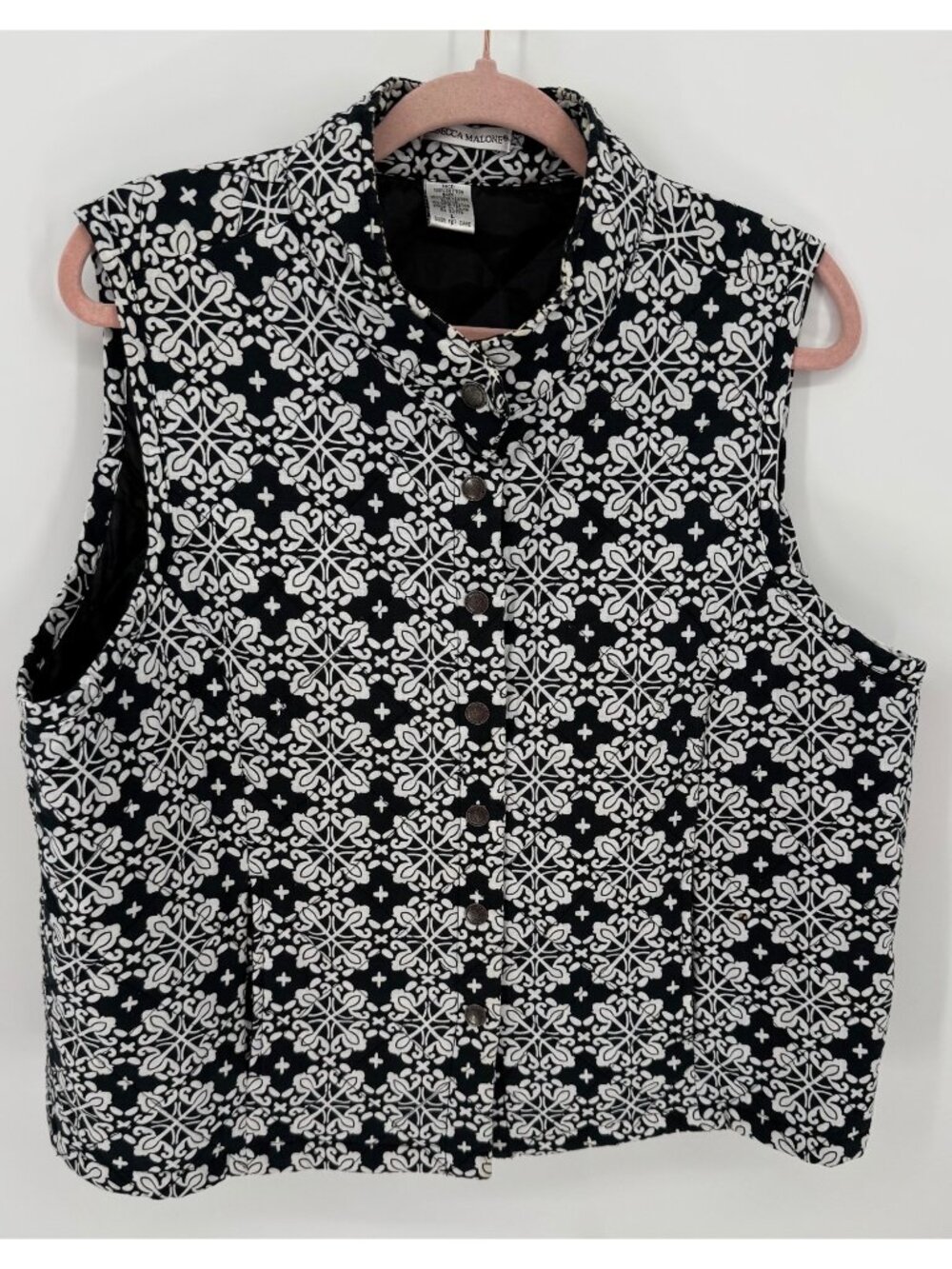 Rebecca Malone Womens Quilted Floral Print Button Front Vest With Pockets Size L